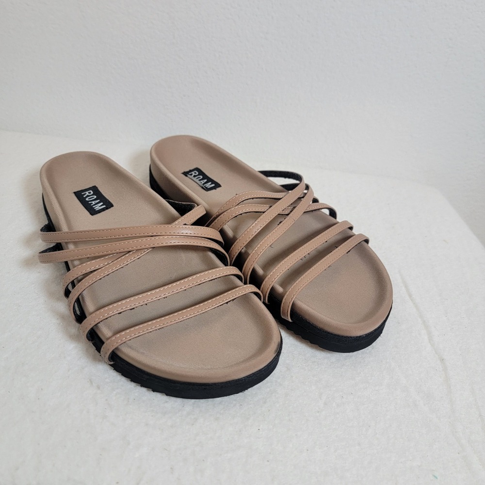ROAM Tan Vegan Leather Multi Strap Slide Sandals Beige‎ Casual Summer Shoes Sz 7